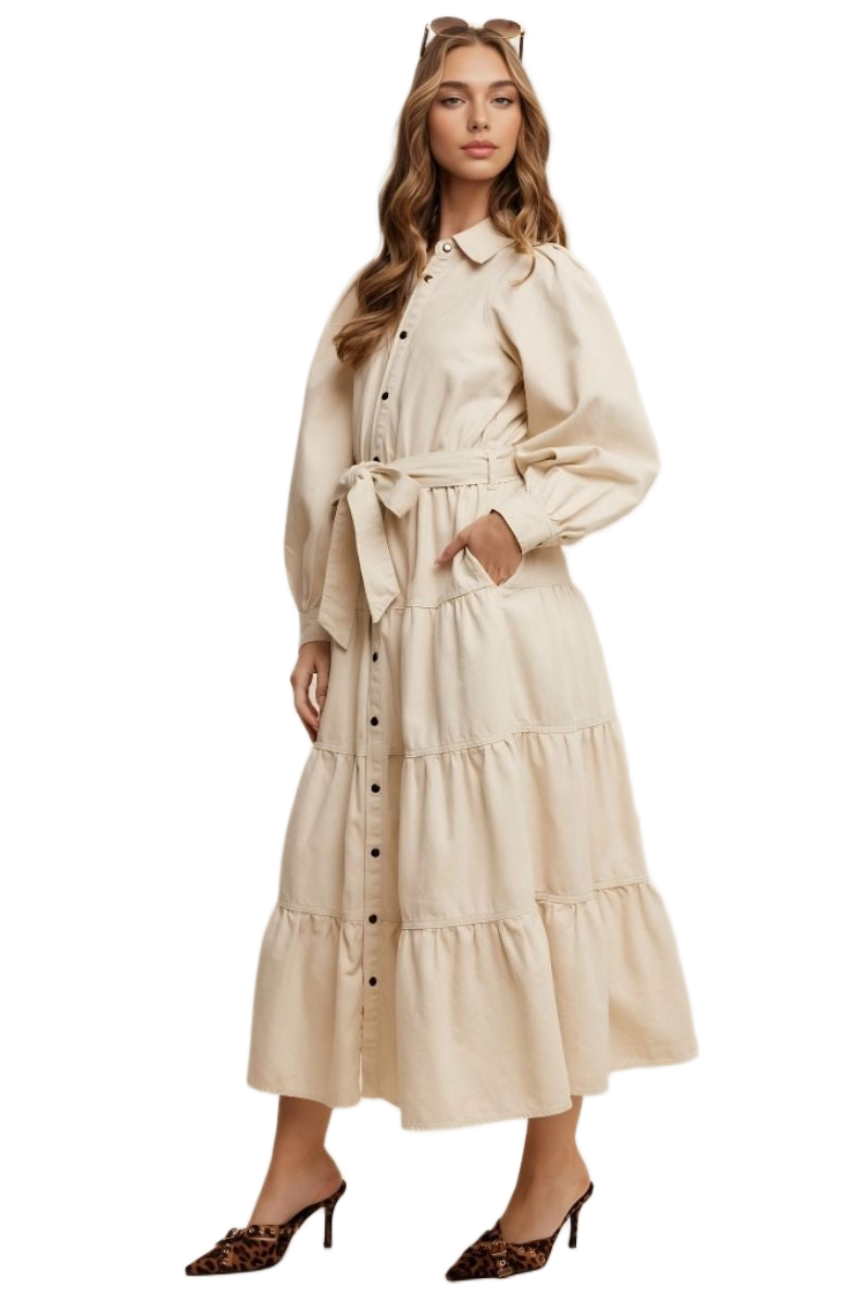 Beige Tiered Belted Bishop Sleeve Maxi Shirt Dress