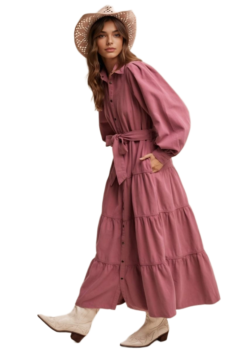 Rose Tiered Belted Button Down Maxi Shirt Dress