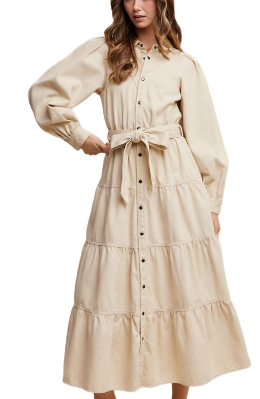 Beige Tiered Belted Bishop Sleeve Maxi Shirt Dress