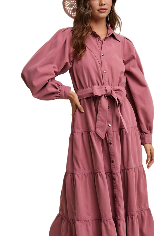 Rose Tiered Belted Button Down Maxi Shirt Dress