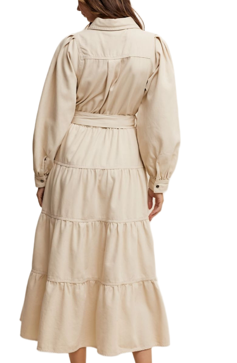 Beige Tiered Belted Bishop Sleeve Maxi Shirt Dress