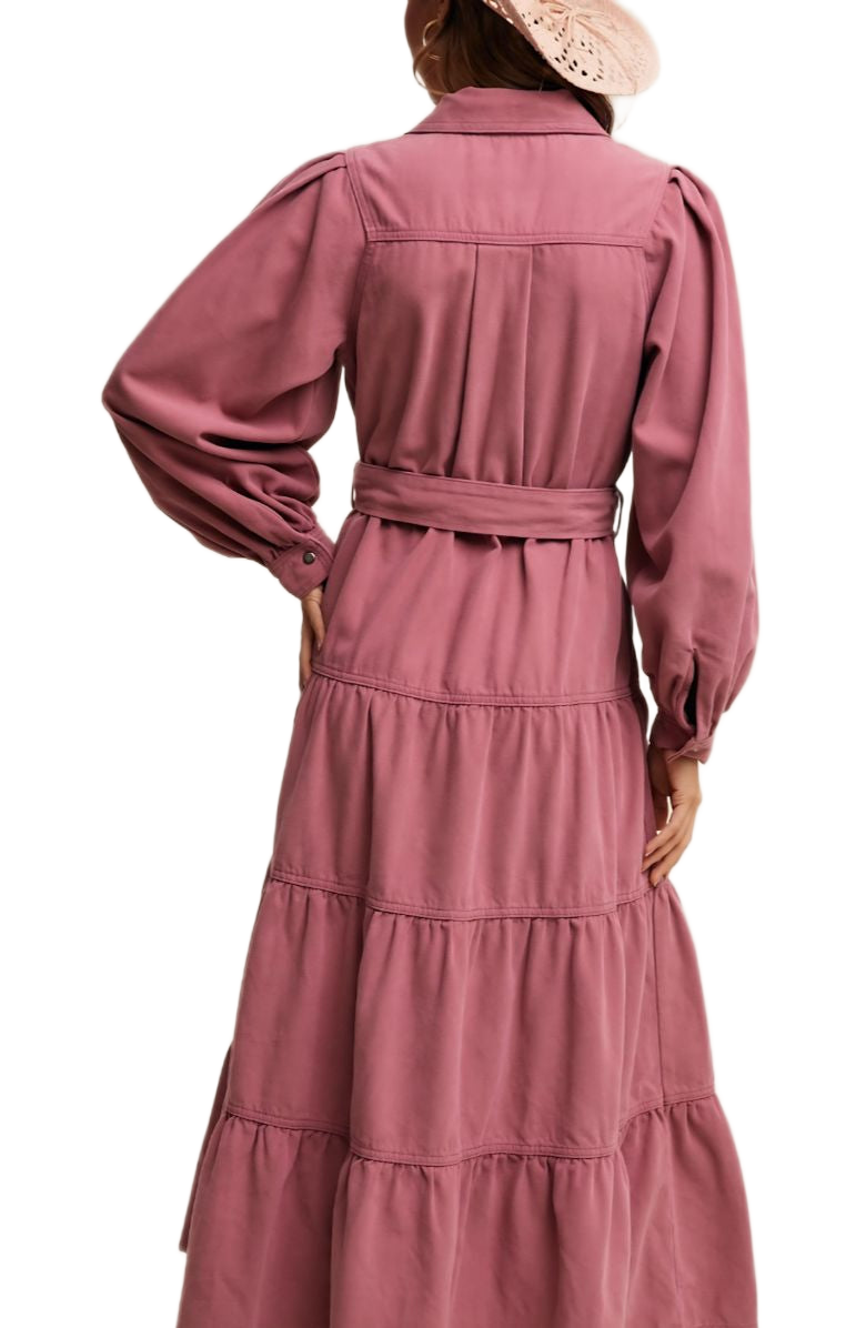 Rose Tiered Belted Button Down Maxi Shirt Dress