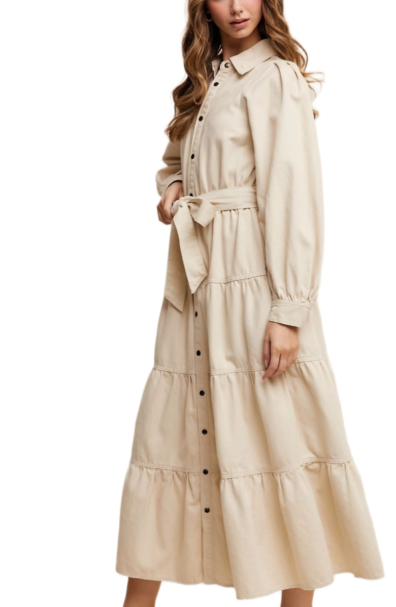 Beige Tiered Belted Bishop Sleeve Maxi Shirt Dress