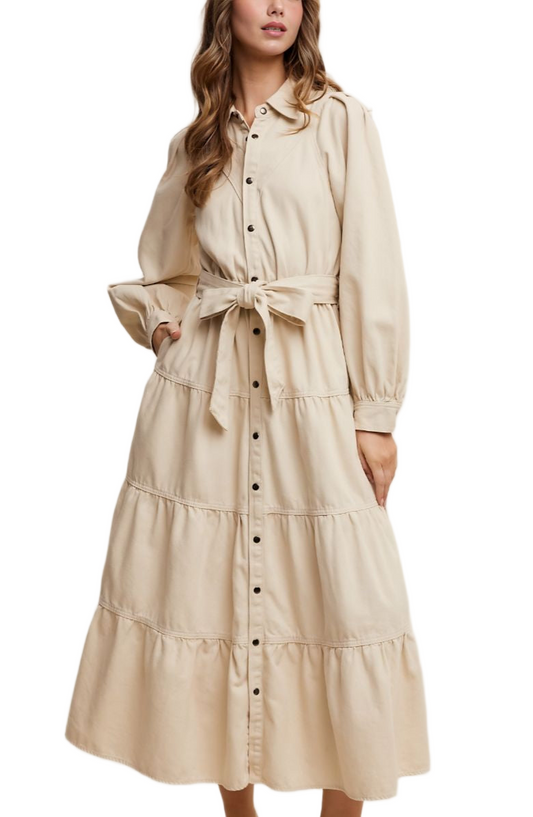 Beige Tiered Belted Bishop Sleeve Maxi Shirt Dress