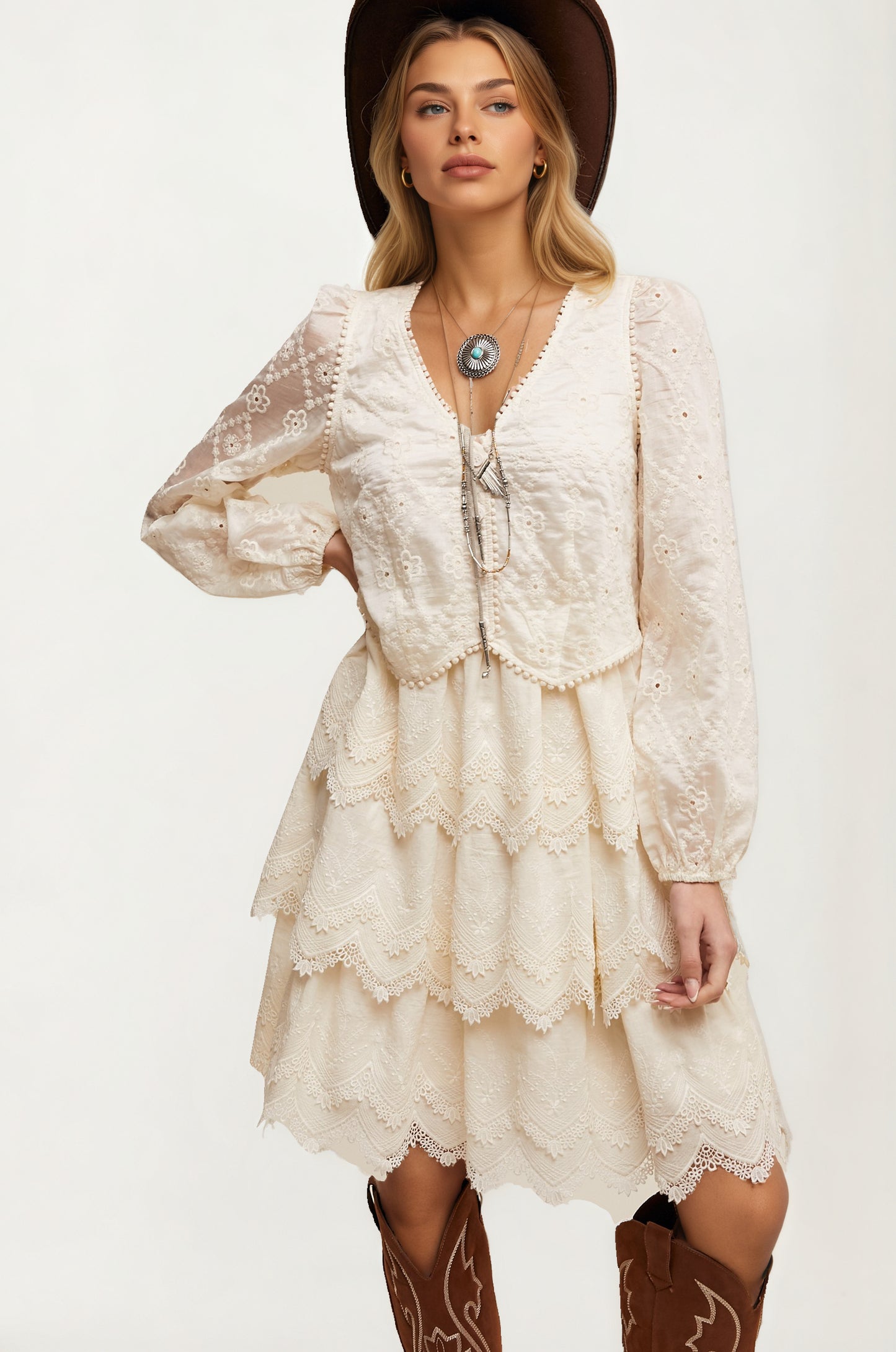 Tiered Lace Dress with Scalloped Hem and Long Sleeves