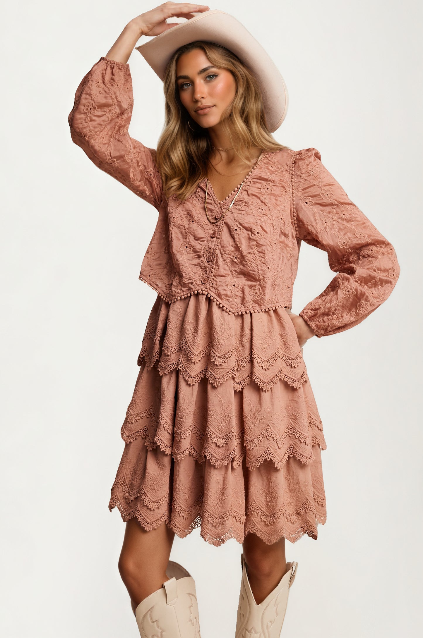Tiered Lace Dress with Scalloped Hem and Long Sleeves