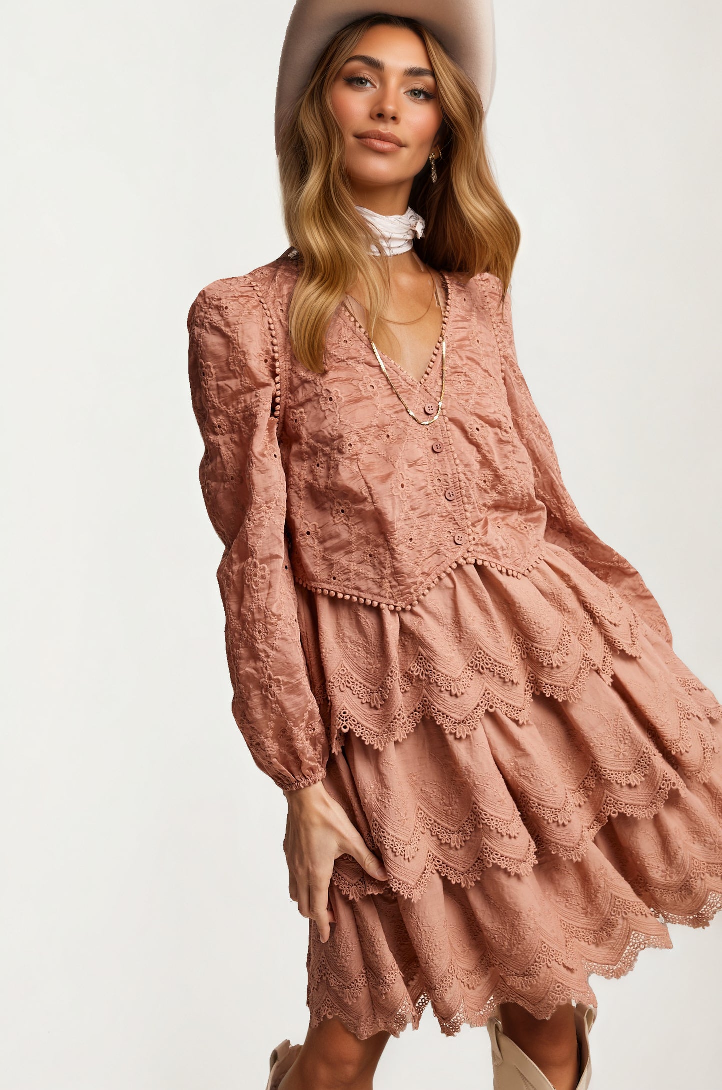 Tiered Lace Dress with Scalloped Hem and Long Sleeves