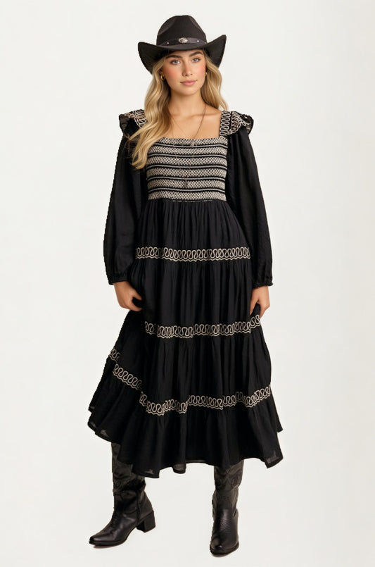 Smocked Bodice Tiered Maxi Dress with Embroidered Trim