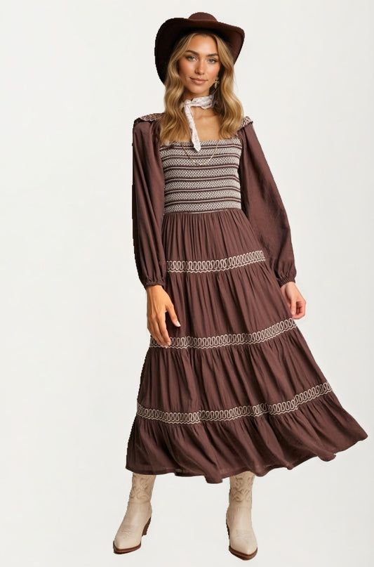 Smocked Bodice Tiered Maxi Dress with Embroidered Trim