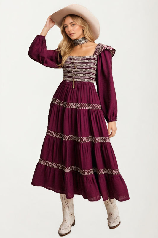 Smocked Bodice Tiered Maxi Dress with Embroidered Trim