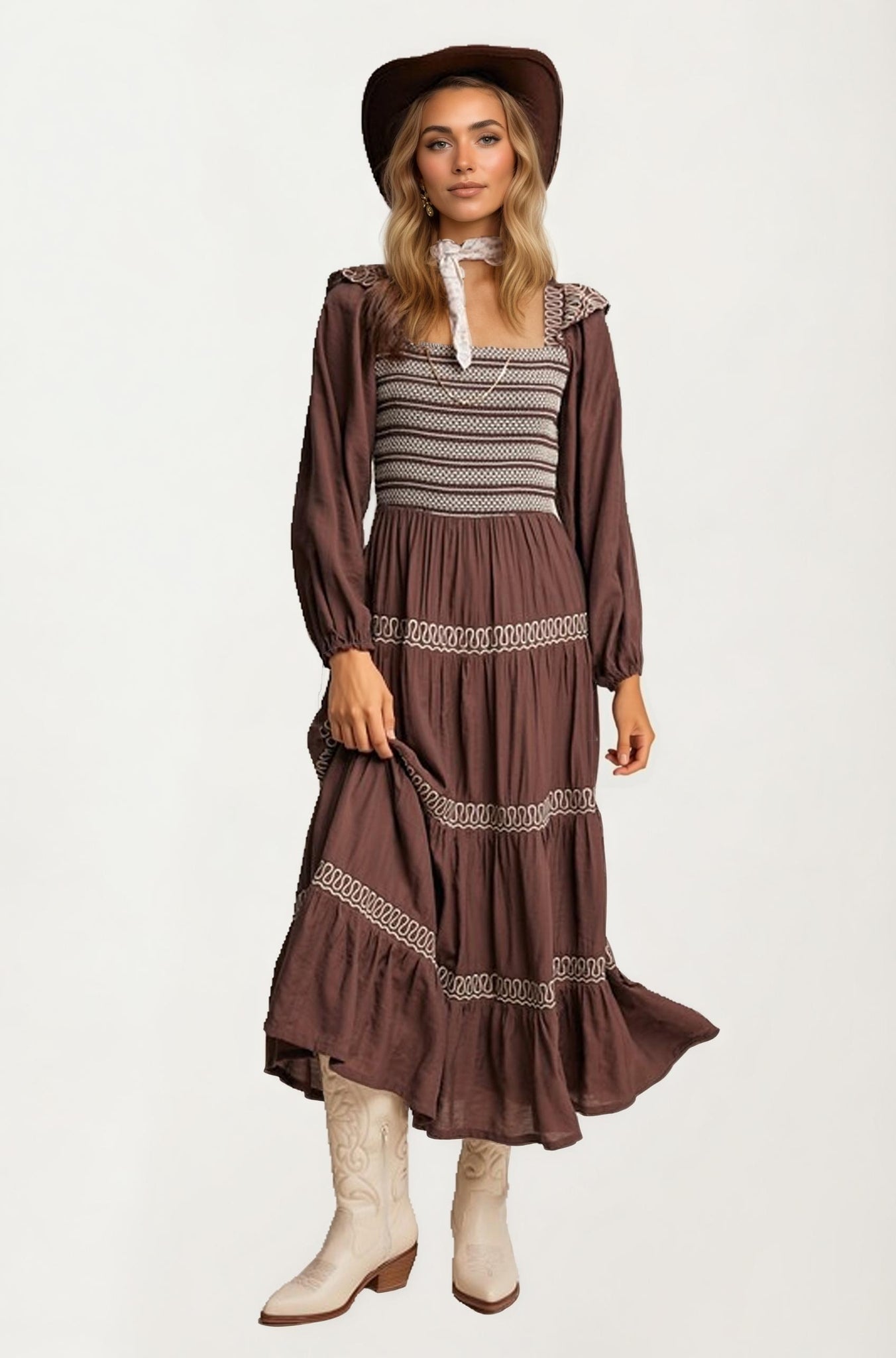 Smocked Bodice Tiered Maxi Dress with Embroidered Trim