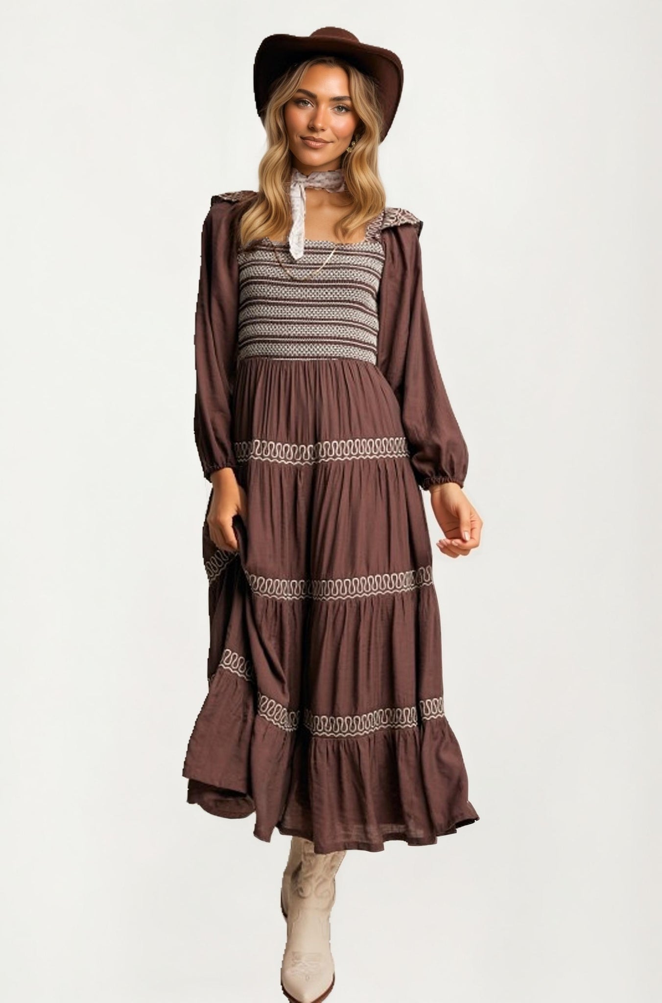 Smocked Bodice Tiered Maxi Dress with Embroidered Trim
