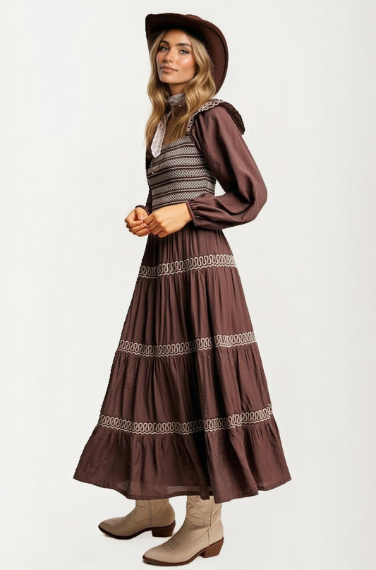 Smocked Bodice Tiered Maxi Dress with Embroidered Trim