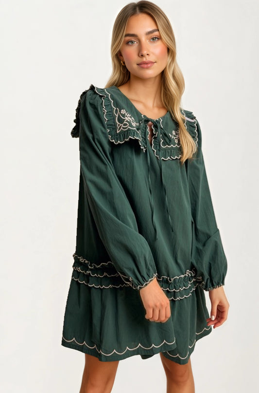 Long Sleeve Mini Dress with Scalloped Trim and Ruffle Detail