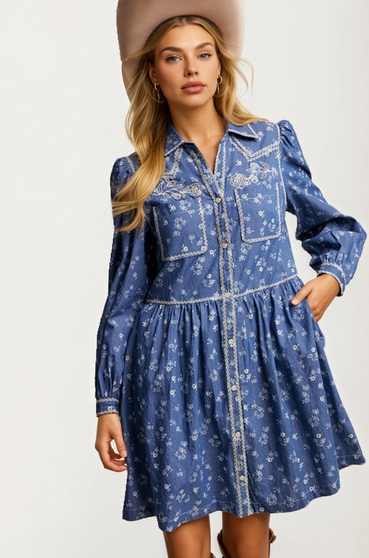 Blue Denim Mini Dress With Western Stitch Detail And Puff Sleeves