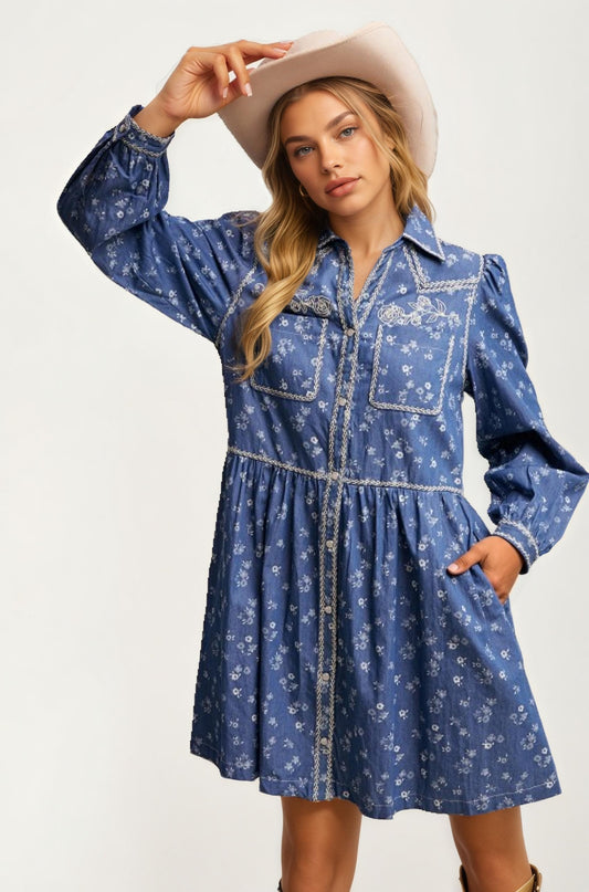 Blue Denim Mini Dress With Western Stitch Detail And Puff Sleeves