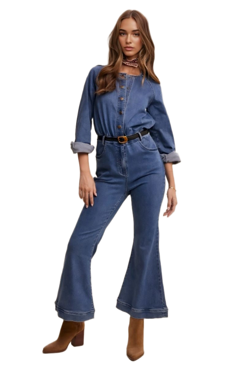 Denim Button-Front Flare Jumpsuit