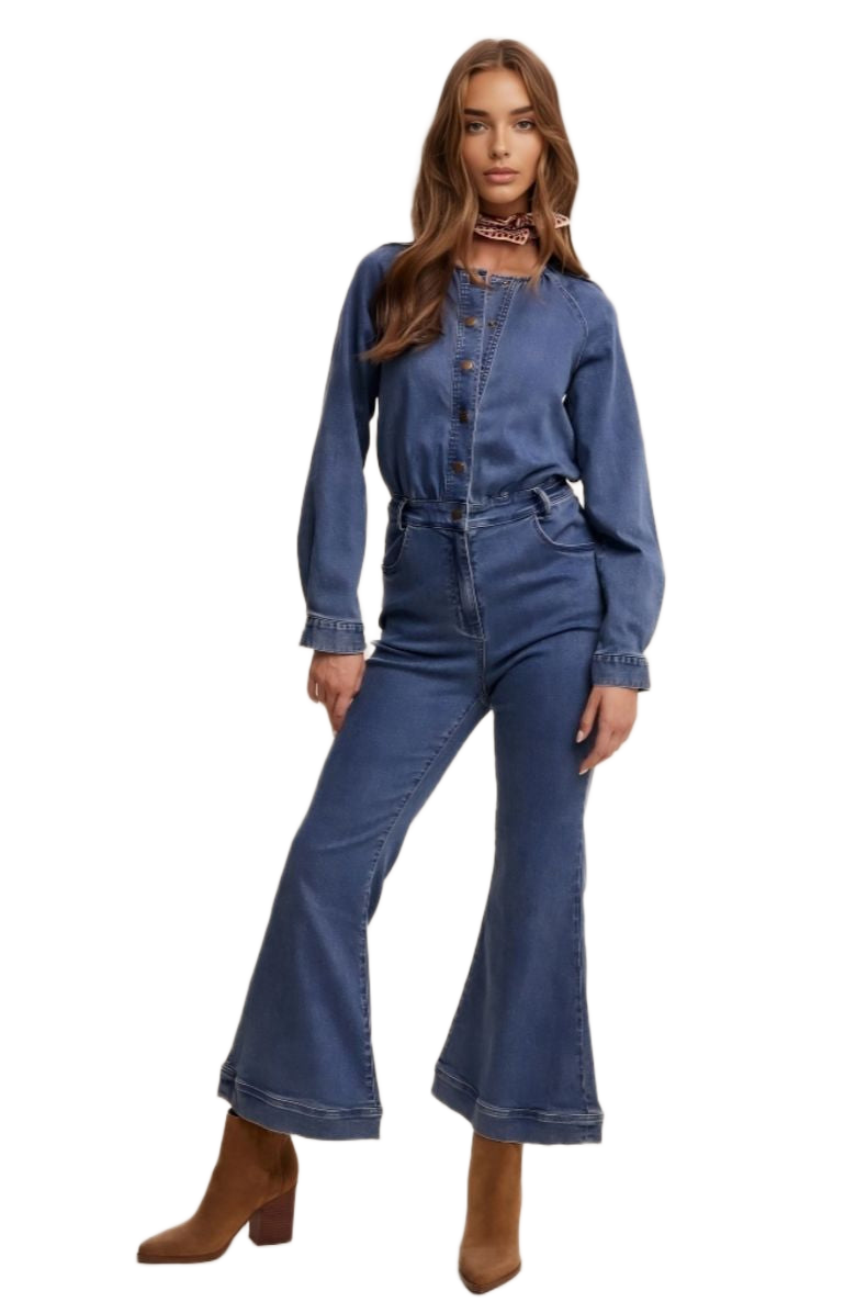 Denim Button-Front Flare Jumpsuit