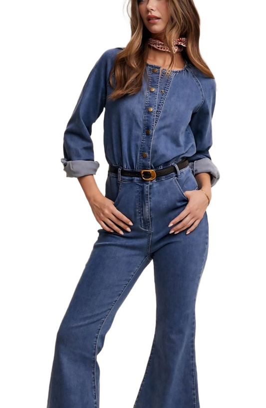 Denim Button-Front Flare Jumpsuit