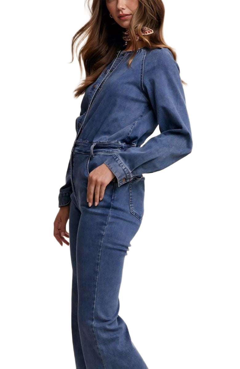 Denim Button-Front Flare Jumpsuit
