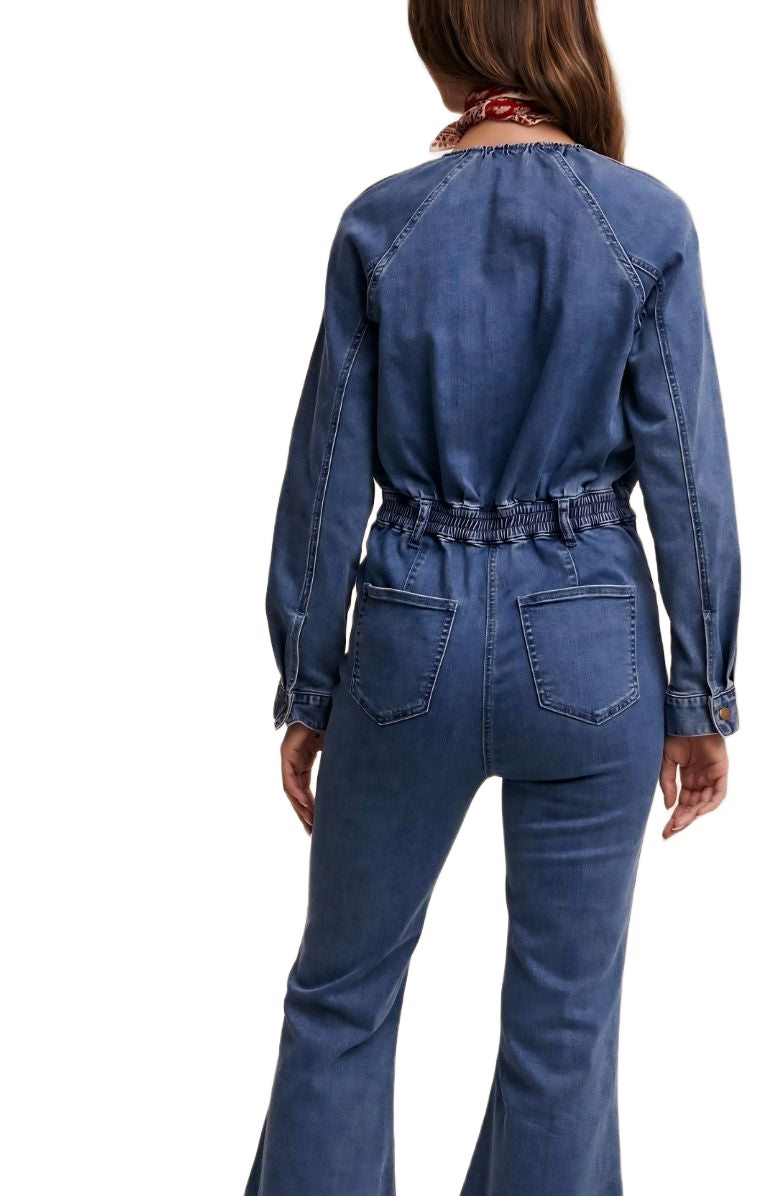 Denim Button-Front Flare Jumpsuit