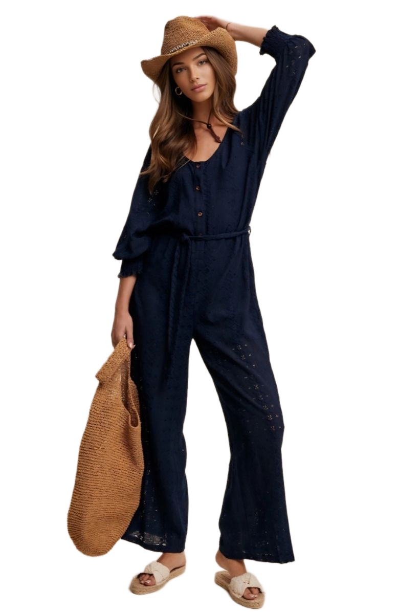 Navy Eyelet Wide-Leg Adjustable Waist Jumpsuit