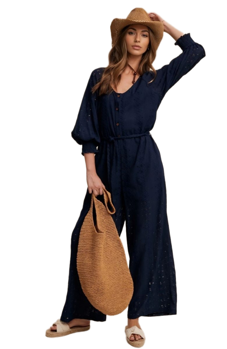 Navy Eyelet Wide-Leg Adjustable Waist Jumpsuit