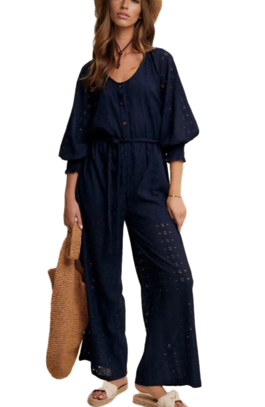 Navy Eyelet Wide-Leg Adjustable Waist Jumpsuit