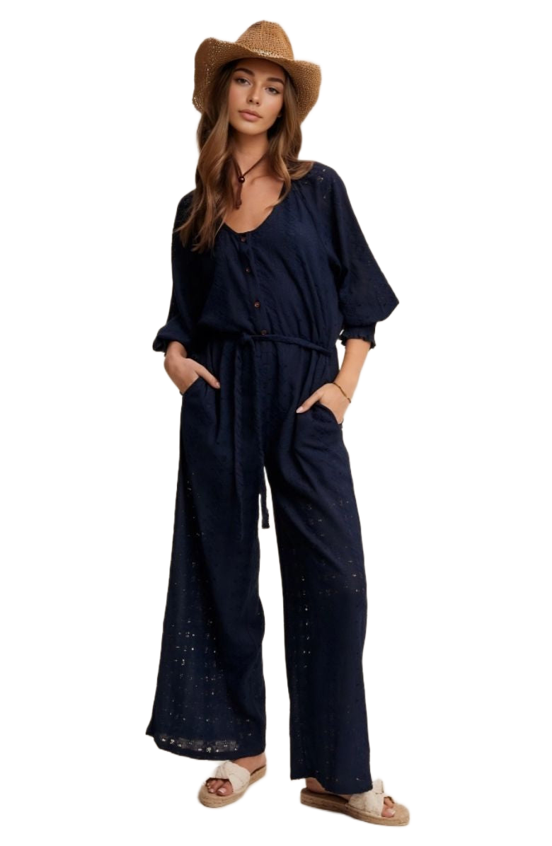 Navy Eyelet Wide-Leg Adjustable Waist Jumpsuit