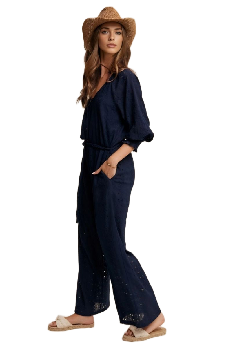 Navy Eyelet Wide-Leg Adjustable Waist Jumpsuit