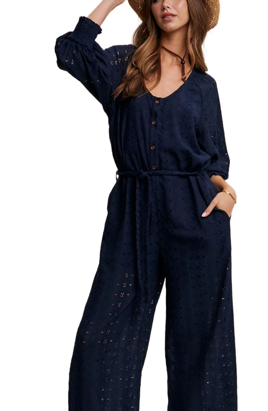 Navy Eyelet Wide-Leg Adjustable Waist Jumpsuit