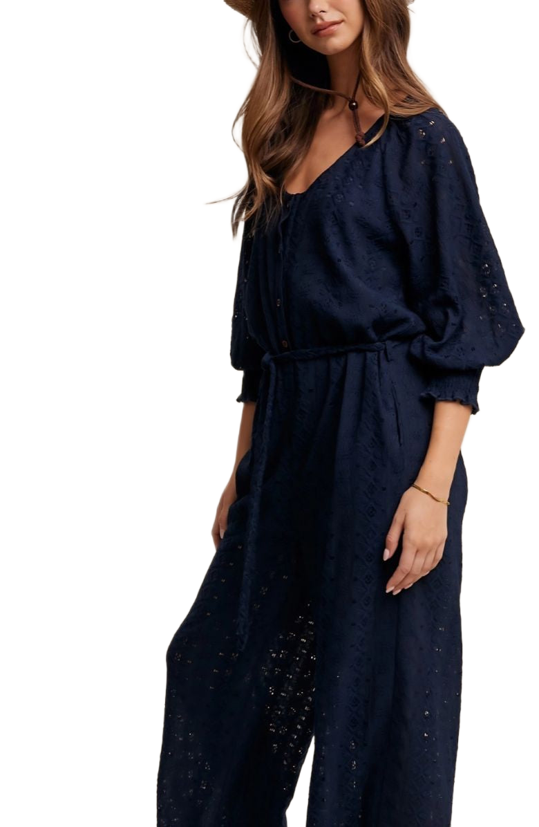 Navy Eyelet Wide-Leg Adjustable Waist Jumpsuit