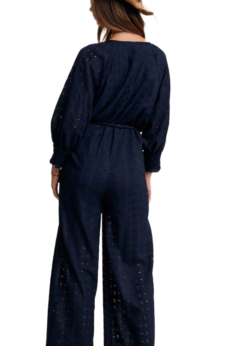 Navy Eyelet Wide-Leg Adjustable Waist Jumpsuit