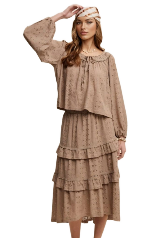 Taupe Eyelet Tiered Skirt & Top Boho Set