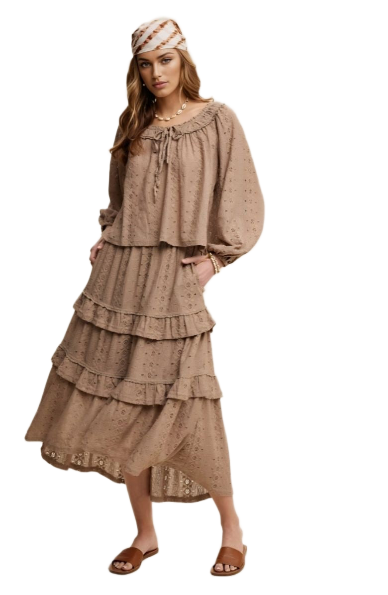Taupe Eyelet Tiered Skirt & Top Boho Set