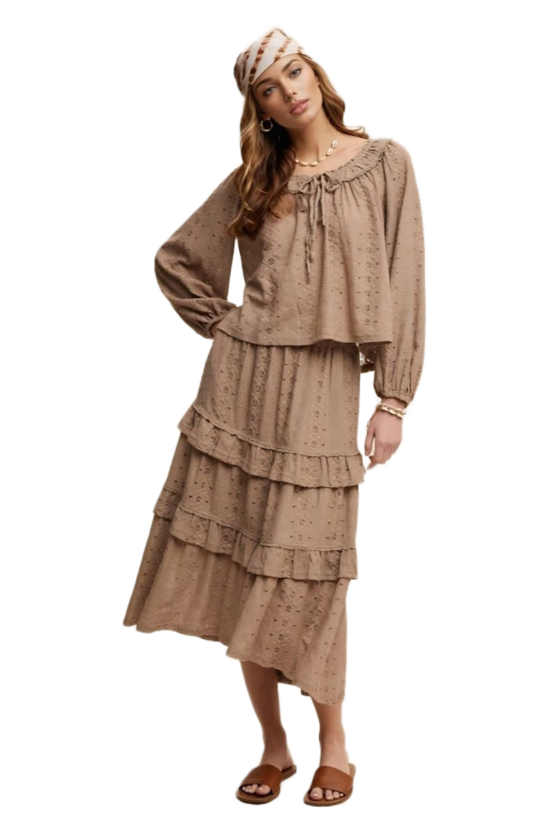 Taupe Eyelet Tiered Skirt & Top Boho Set