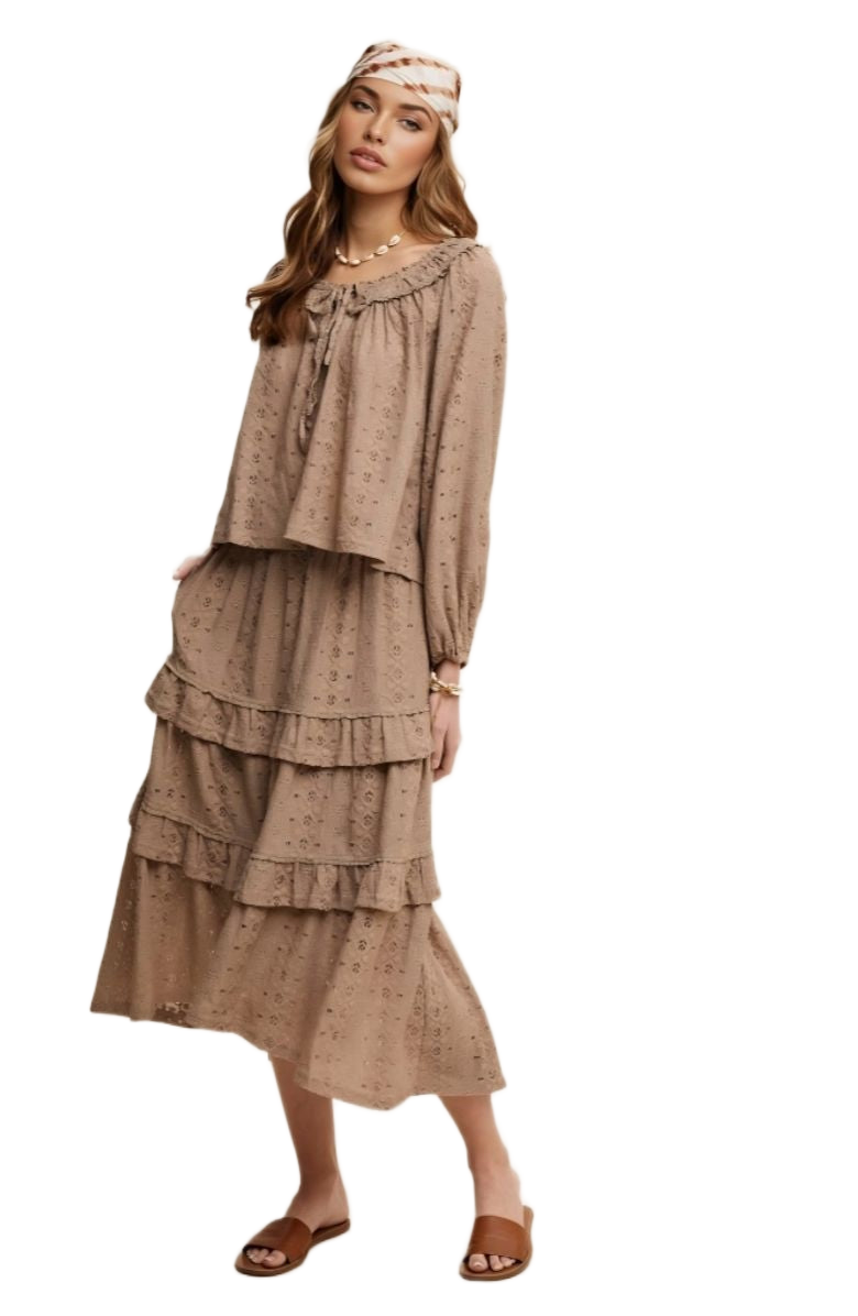 Taupe Eyelet Tiered Skirt & Top Boho Set