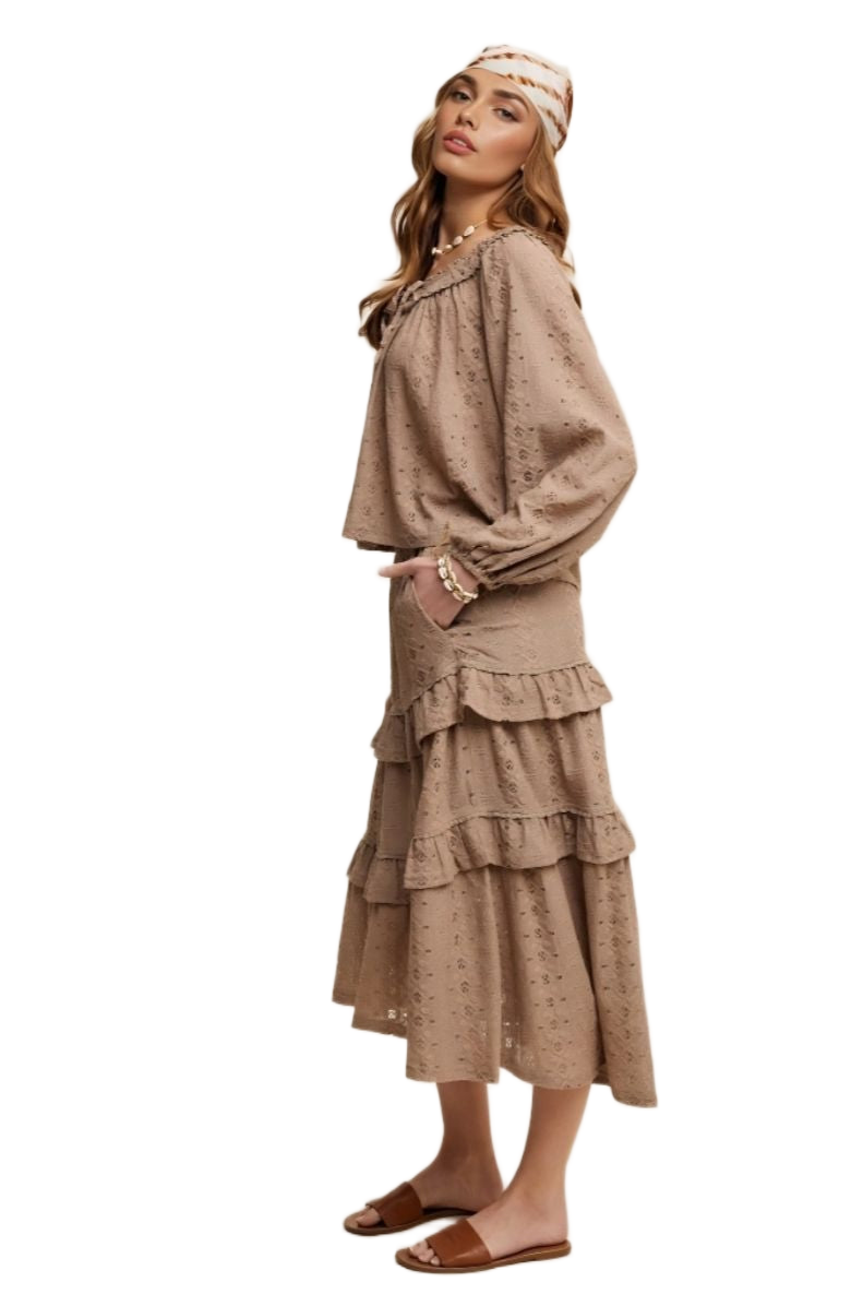 Taupe Eyelet Tiered Skirt & Top Boho Set