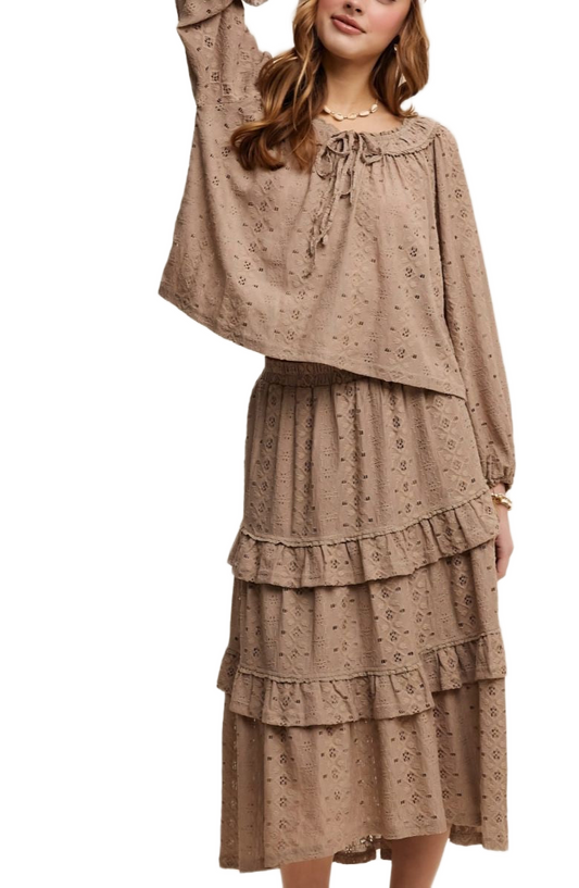 Taupe Eyelet Tiered Skirt & Top Boho Set