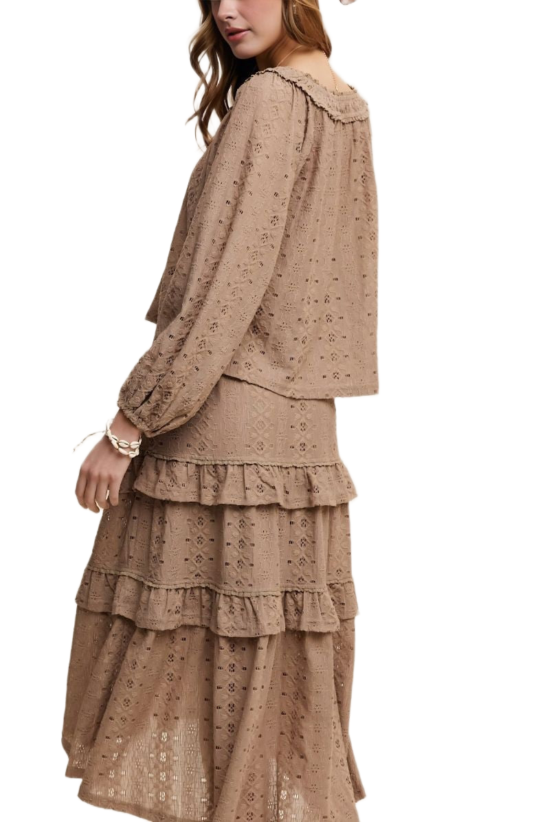Taupe Eyelet Tiered Skirt & Top Boho Set
