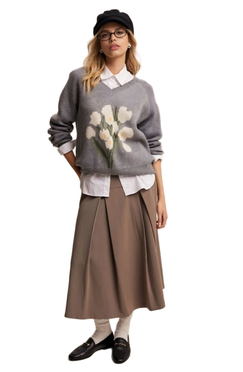 Gray Floral Pattern V-Neck Knit Pullover Sweater