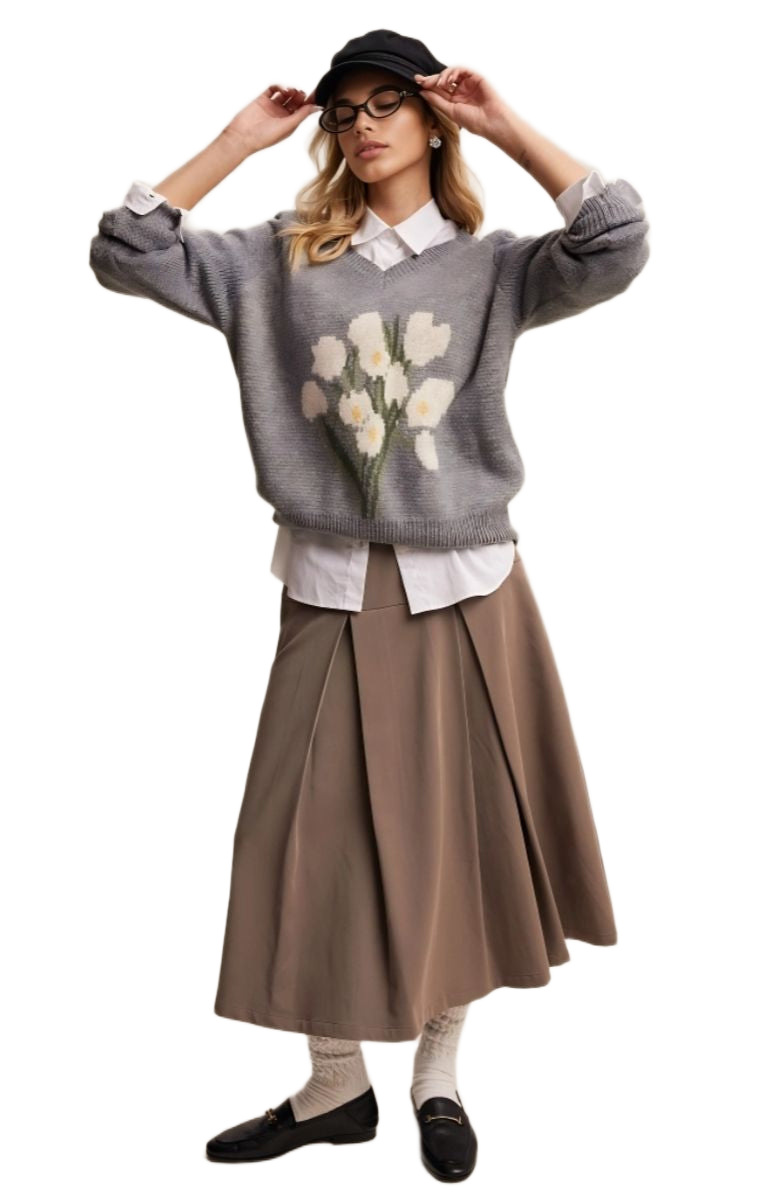 Gray Floral Pattern V-Neck Knit Pullover Sweater