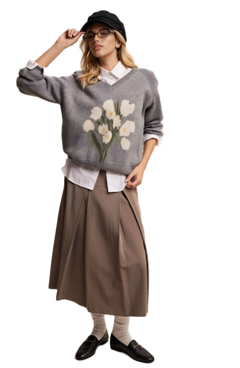 Gray Floral Pattern V-Neck Knit Pullover Sweater