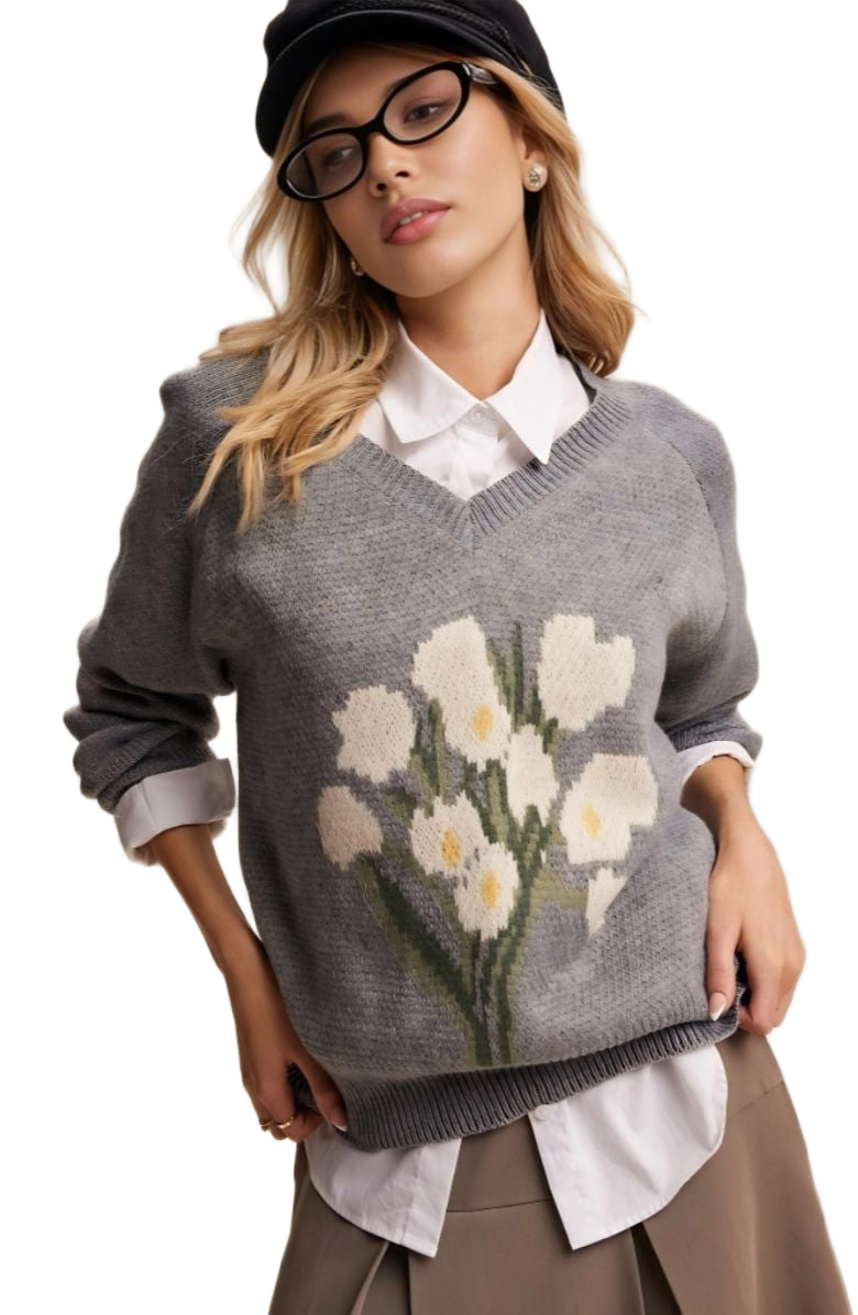 Gray Floral Pattern V-Neck Knit Pullover Sweater