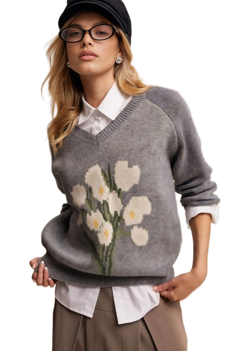 Gray Floral Pattern V-Neck Knit Pullover Sweater