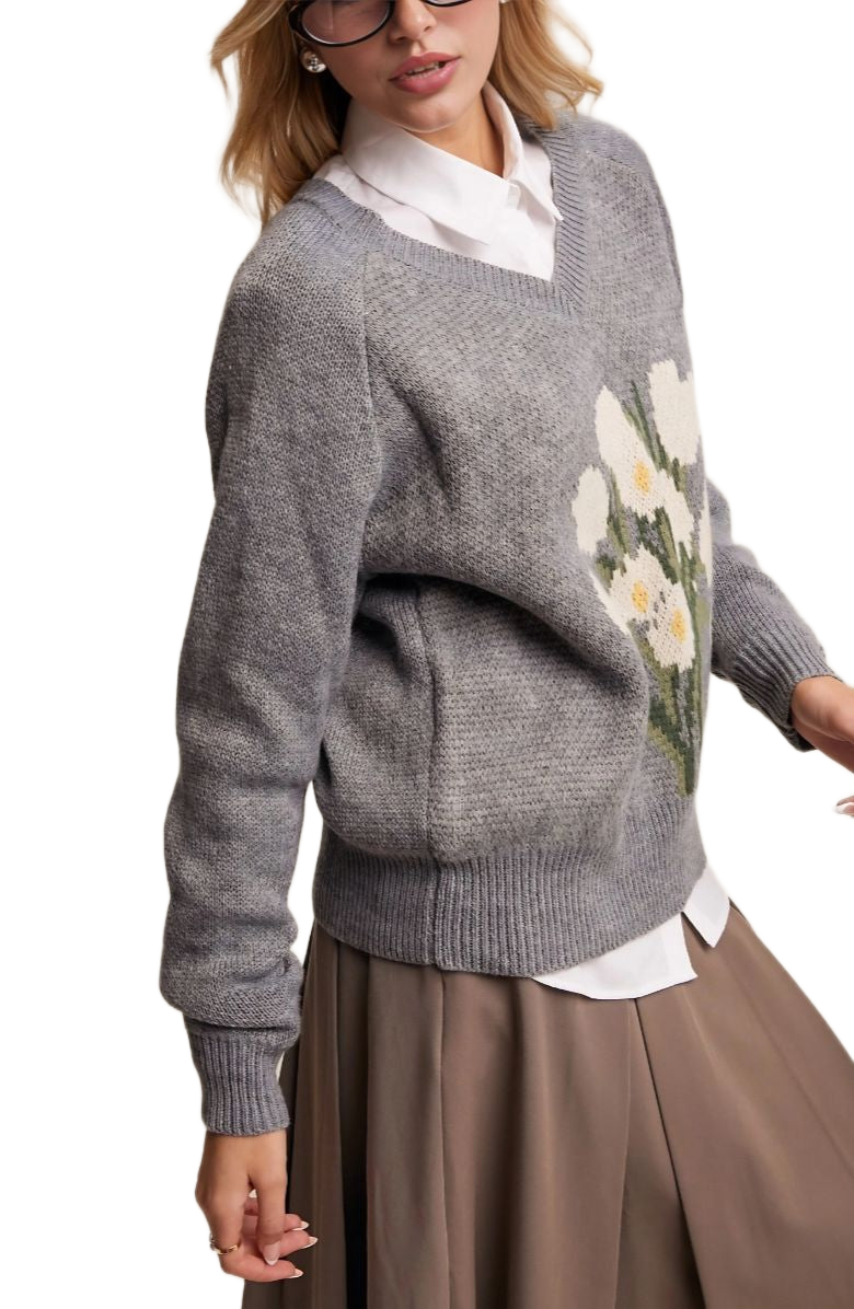 Gray Floral Pattern V-Neck Knit Pullover Sweater