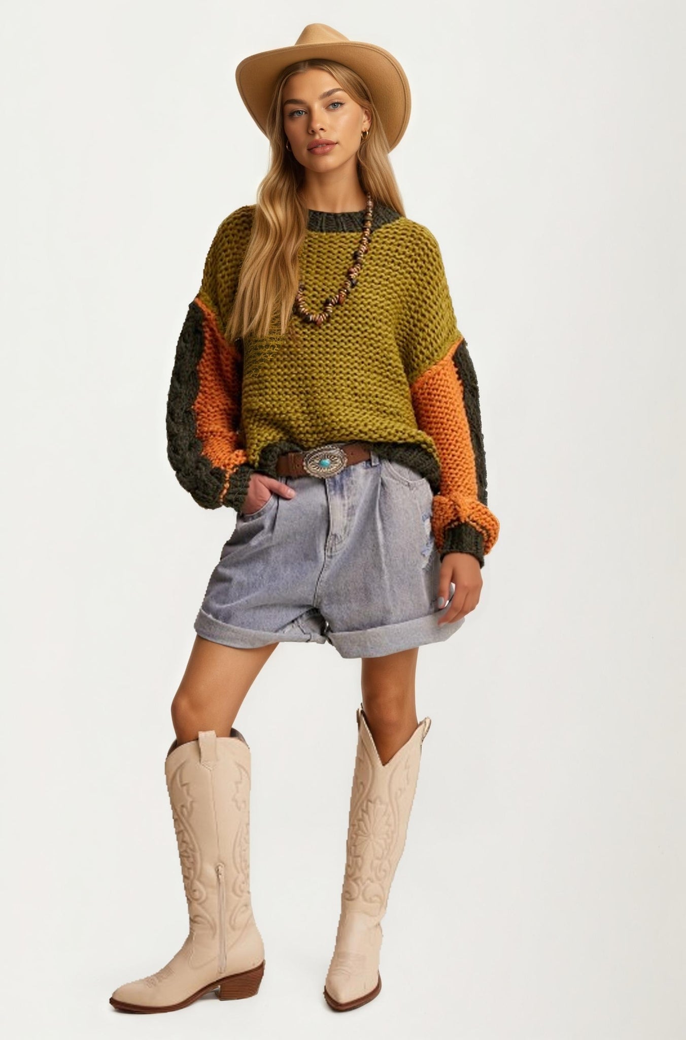 Colorblock Chunky Knit Pullover with Balloon Sleeves