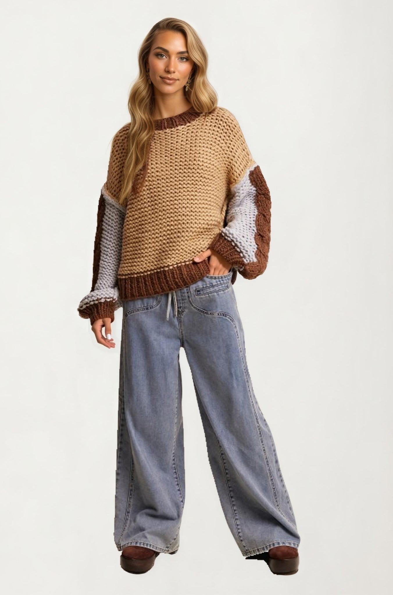 Colorblock Chunky Knit Pullover Sweater with Balloon Sleeves