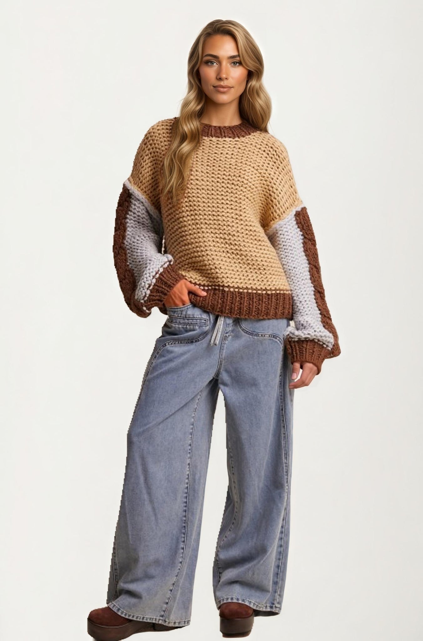 Colorblock Chunky Knit Pullover Sweater with Balloon Sleeves