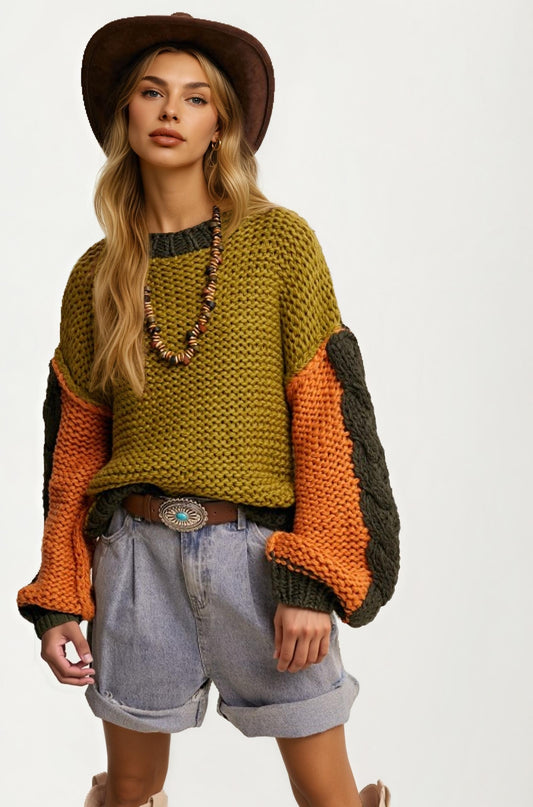 Colorblock Chunky Knit Pullover with Balloon Sleeves